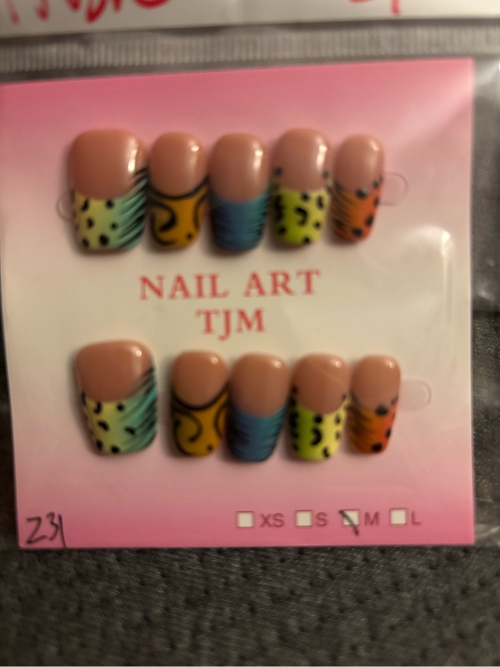 Multicolor Nail Art Press-On Set - Nude Base with Neon Accents